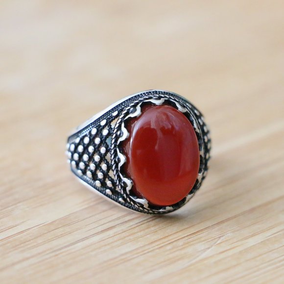925 Sterling Silver Men's Rings with Red Agate - Picture 8 of 10